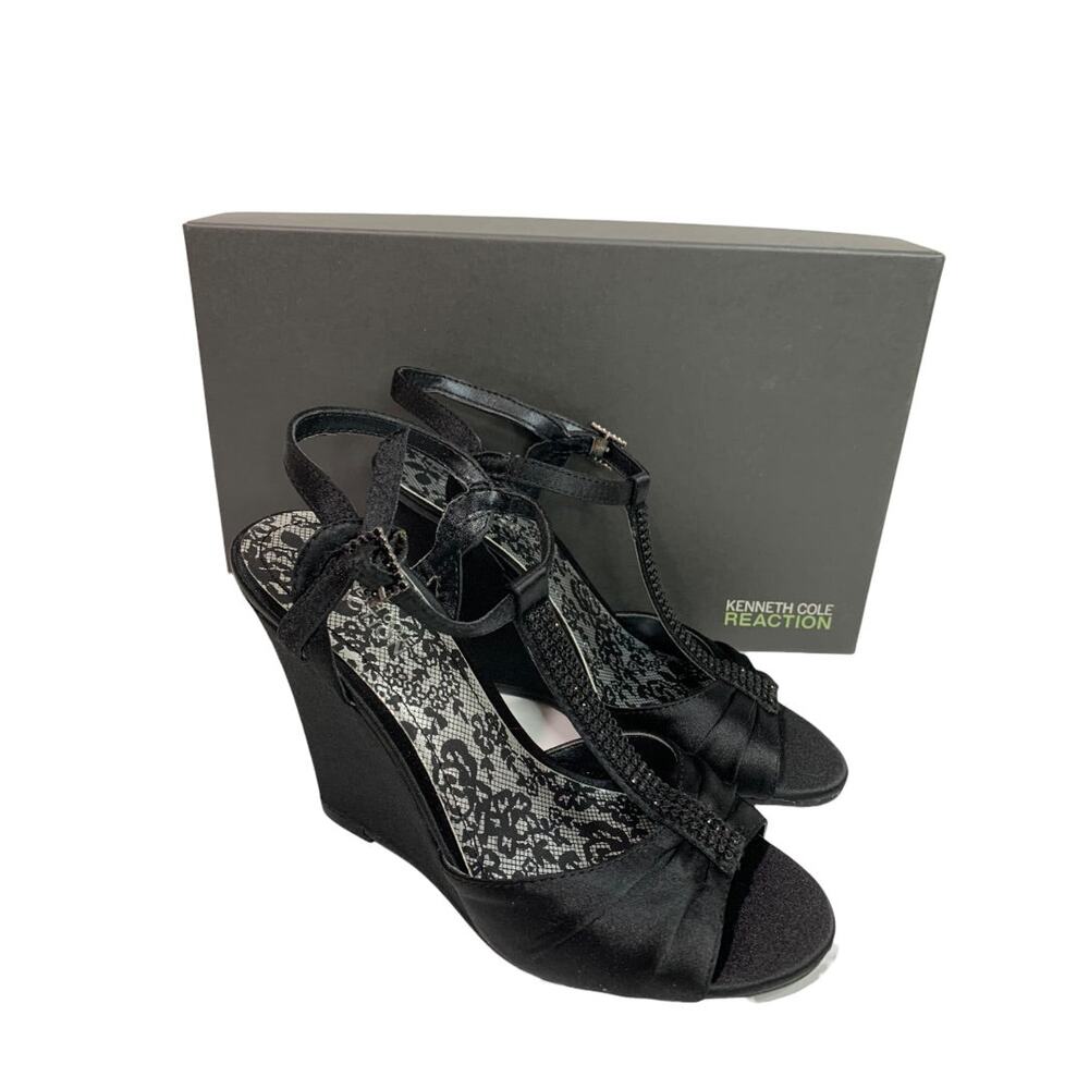 Size 6 Kenneth Cole Reaction Black Satin Embellished 4" Wedge Heel Shoes